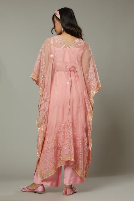 I Am Design_Pink Silk Organza Floral Appliques, Sequins Candy Floss Kaftan And Pant Set _Online_at_Aza_Fashions