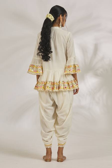 Shop Gopi Vaid Ivory Cotton Mirrors, Sequins, Embroidery Yara And Thread Kurta With Dhoti Pant at Aza Fashions Shop_Gopi Vaid_Ivory Cotton Mirrors, Sequins, Embroidery Yara And Thread Kurta With Dhoti Pant_at_Aza_Fashions