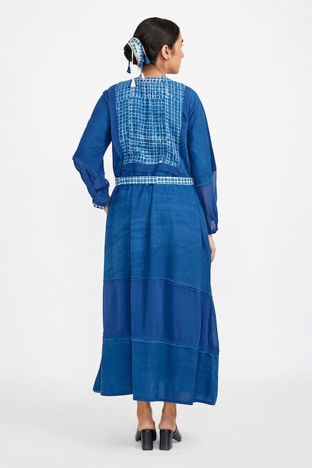 Shop JAYATI GOENKA Blue Cotton Collared Tiered Panelled Dress at Aza Fashions Shop_JAYATI GOENKA_Blue Cotton Collared Tiered Panelled Dress _at_Aza_Fashions