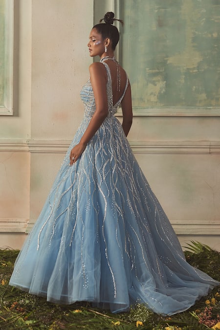 Shop Shivani Awasty Blue Net Embroidery Plunge Neck Cynder Hand Gown at Aza Fashions Shop_Shivani Awasty_Blue Net Embroidery Plunge Neck Cynder Hand Gown _at_Aza_Fashions