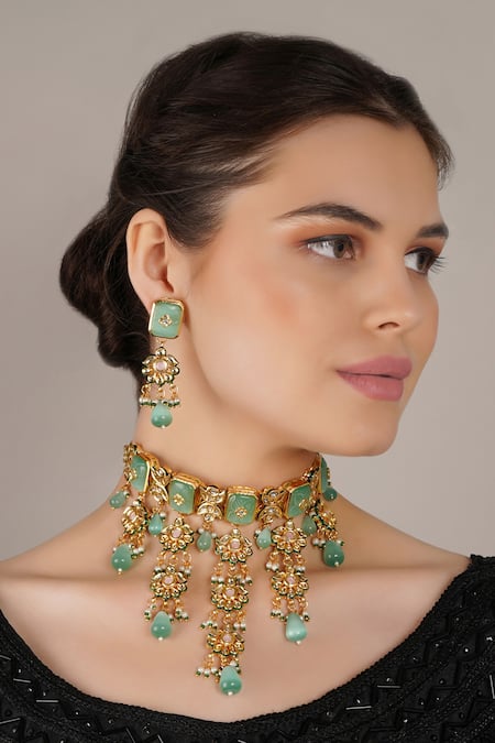 Chhavi's Jewels_Green Stones, Pearls, Tassels Kundan And Turquoise Embellished Choker Necklace Set _Online_at_Aza_Fashions