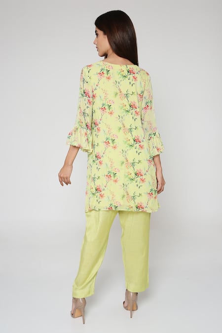 Shop Bha Sha Green Georgette, Satin V-neck Stella Floral Print Tunic And Straight Pant Set at Aza Fashions Shop_Bha Sha_Green Georgette, Satin V-neck Stella Floral Print Tunic And Straight Pant Set _at_Aza_Fashions