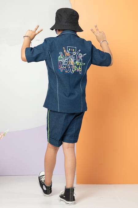 Shop Hoity Moppet Blue Denim, Cotton Embroidery Bts Theme Shirt And Shorts Set at Aza Fashions Shop_Hoity Moppet_Blue Denim, Cotton Embroidery Bts Theme Shirt And Shorts Set _at_Aza_Fashions