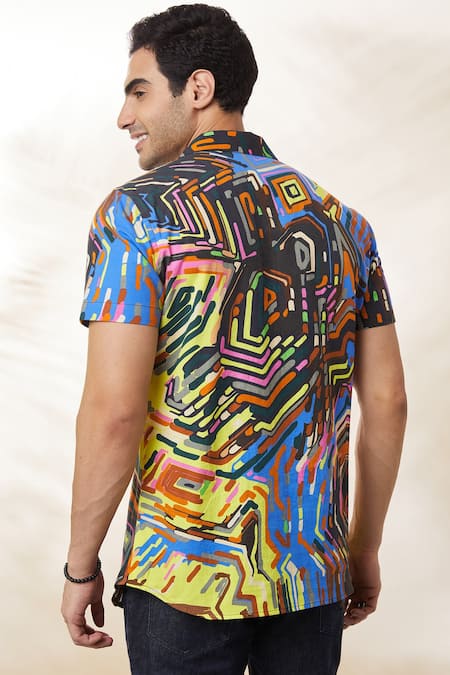 Shop_Seven_Multi Color Cotton Satin Electric Wave Abstract Print Shirt _at_Aza_Fashions