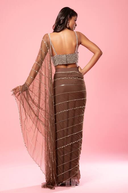 Shop_Quench A Thirst_Brown Georgette, Net Pre-stitched Saree With Sleeveless Embroidered Blouse _at_Aza_Fashions