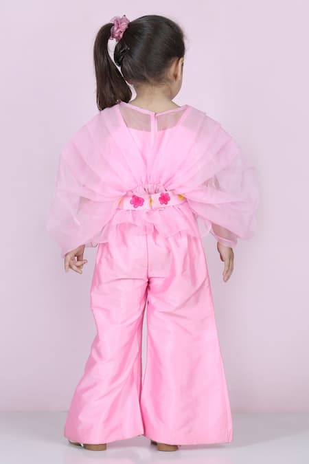 Shop_The Little Celebs_Pink Silk, Organza, Crepe Embroidery Pleated Top And Pant Set _at_Aza_Fashions
