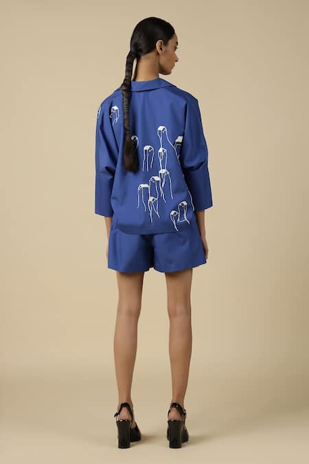 Shop Shahin Mannan Blue Chanderi Embroidery Collared Tiny House Dolman Sleeve Top And Shorts Set at Aza Fashions Shop_Shahin Mannan_Blue Chanderi Embroidery Collared Tiny House Dolman Sleeve Top And Shorts Set _at_Aza_Fashions
