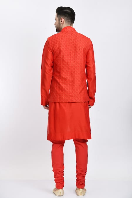 Samant Chauhan Red Geometric Embroidered Bundi Set 