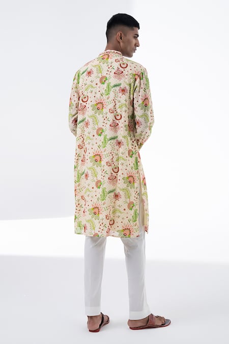 Shop Siddhartha Bansal Ivory Cotton Dobby Stripe Printed Flower Kurta Set at Aza Fashions Shop_Siddhartha Bansal_Ivory Cotton Dobby Stripe Printed Flower Kurta Set _at_Aza_Fashions