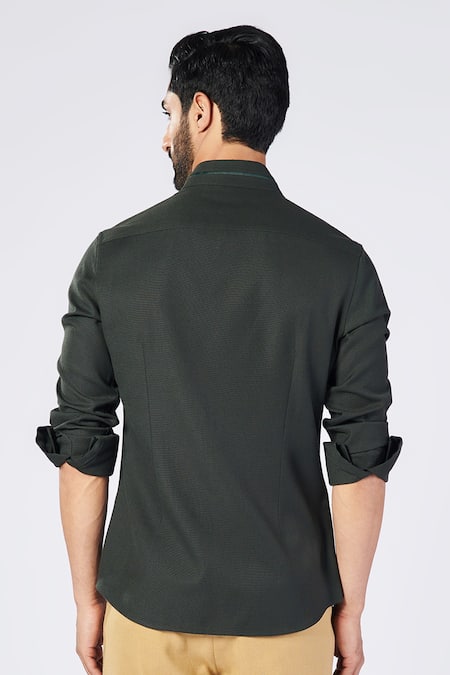 Shop S&N By Shantnu Nikhil Green Wool, Viscose, Polyester Embroidery Stand Collar Shirt at Aza Fashions Shop_S&N By Shantnu Nikhil_Green Wool, Viscose, Polyester Embroidery Stand Collar Shirt_at_Aza_Fashions