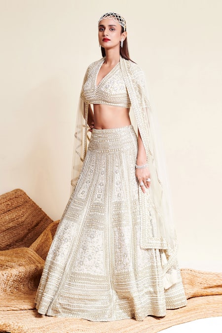 Reeti Arneja_Ivory Organza, Net Pearls, Beads, Noori Glass Embroidered Bridal Lehenga Set _Online_at_Aza_Fashions