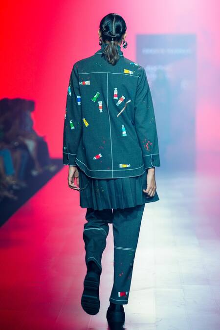 Shop Shahin Mannan Grey Cotton Embroidery Paint Splash Pant at Aza Fashions Shop_Shahin Mannan_Grey Cotton Embroidery Paint Splash Pant _at_Aza_Fashions