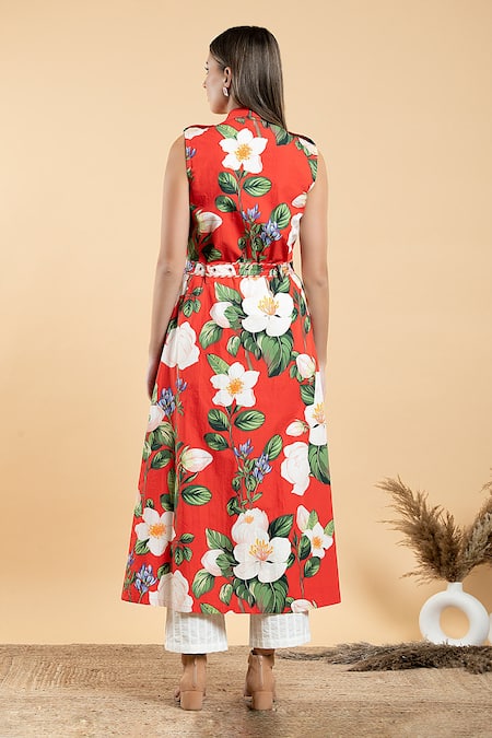 Shop Divi By Sonal Khandelwal Red Cotton Embroidery Collared Wild Rose Print Longline Shirt And Pant Set at Aza Fashions Shop_Divi By Sonal Khandelwal_Red Cotton Embroidery Collared Wild Rose Print Longline Shirt And Pant Set _at_Aza_Fashions