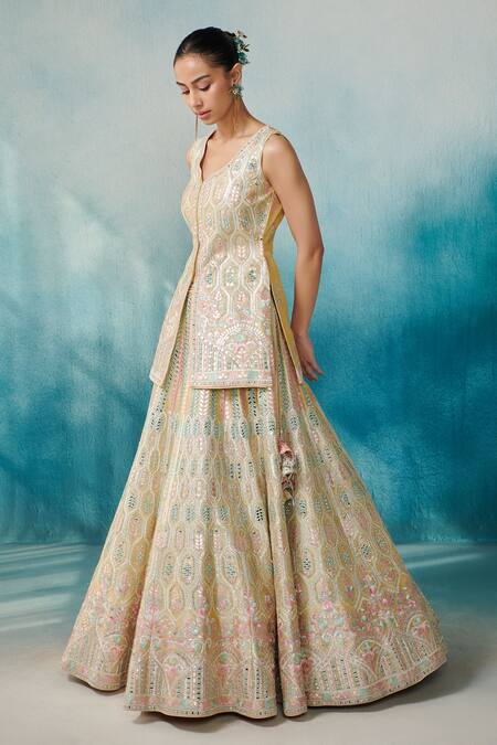 SUHINO Yellow Silk, Organza Gota Patti, Mirrors, Embroidery Jacket With Lehenga Set Online at Aza Fashions SUHINO_Yellow Silk, Organza Gota Patti, Mirrors, Embroidery Jacket With Lehenga Set _Online_at_Aza_Fashions