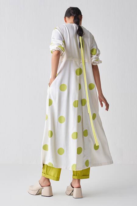 Shop_Three_Green Kurta Jacket Tencel Polka Round Pattern And Pant Set _at_Aza_Fashions