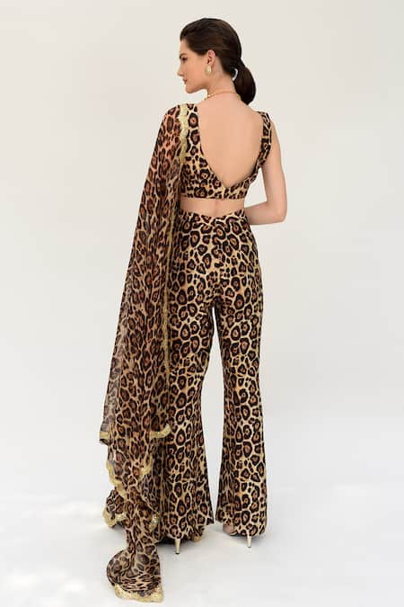 Sanam Hazel Silk Leopard Pattern Blouse Flared Pant Set 