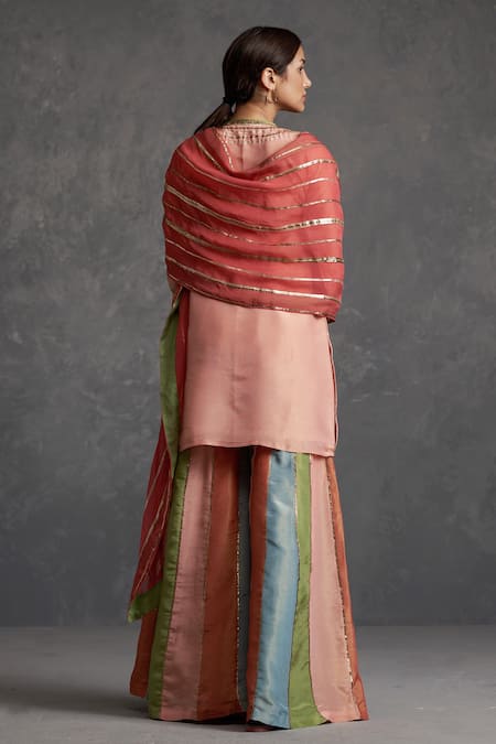 Shop Affroz Pink Tissue Silk Gota Patti V Neck Lace Kurta Sharara Set at Aza Fashions Shop_Affroz_Pink Tissue Silk Gota Patti V Neck Lace Kurta Sharara Set _at_Aza_Fashions