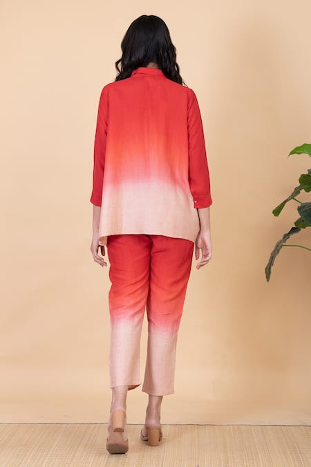 Shop Chambray & CO. Red Silk Split V-neck Kes Ombre Shirt And Pant Set at Aza Fashions Shop_Chambray & CO._Red Silk Split V-neck Kes Ombre Shirt And Pant Set _at_Aza_Fashions