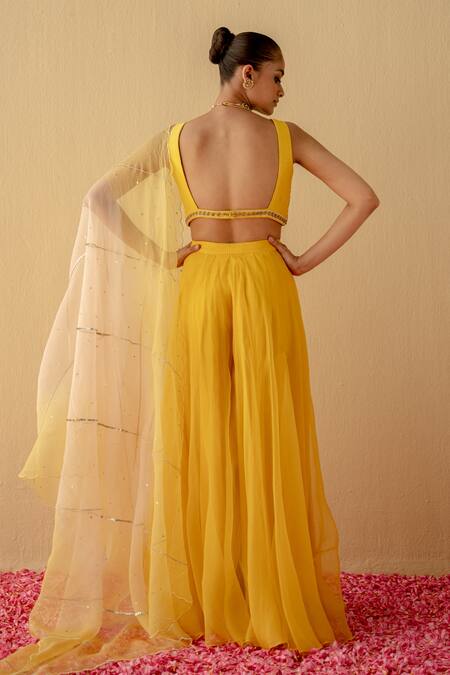 Shop_Mint Blush_Yellow Chanderi, Organza Cut Work, Embroidered Crop Top And Flared Pant Set_at_Aza_Fashions