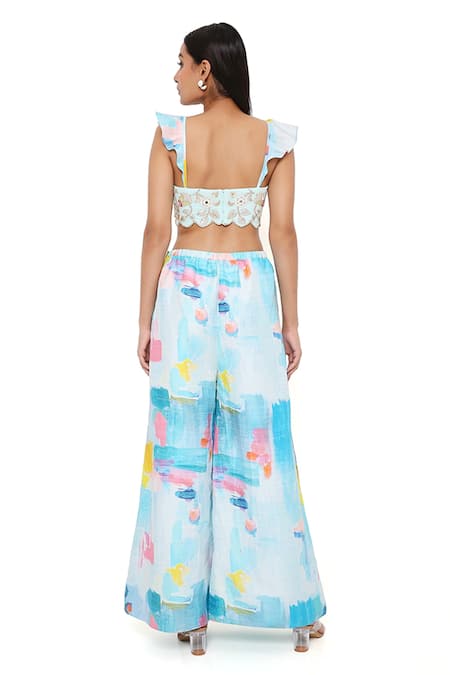 Payal Singhal_Blue Dupion Silk Print And Embroidery Painterly Square Neck Bustier & Palazzo Set _Online_at_Aza_Fashions