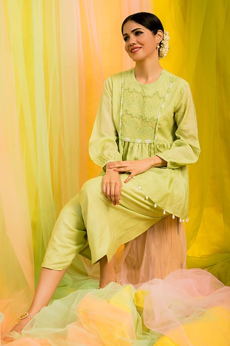 Shop Kacha Tanka Green Kurta And Dhoti Cotton Voile Embroidery Bead & Pant Set at Aza Fashions Shop_Kacha Tanka_Green Kurta And Dhoti Cotton Voile Embroidery Bead & Pant Set _at_Aza_Fashions