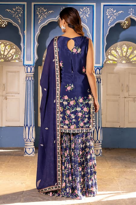 Shop Suruchi Parakh Blue Georgette Embroidery Scoop Neck Garden Print Kurta Sharara Set at Aza Fashions Shop_Suruchi Parakh_Blue Georgette Embroidery Scoop Neck Garden Print Kurta Sharara Set _at_Aza_Fashions