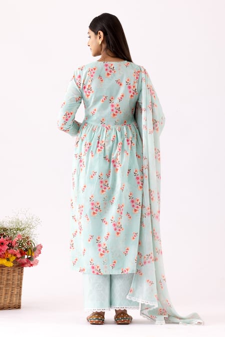 Abbaran Floral Bloom Print Gathered Anarkali Set 