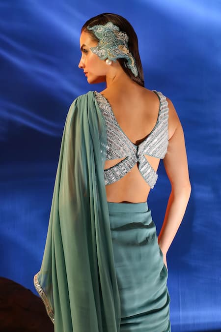 Jade By Ashima Light Tiffany Blue Pre-Draped Saree & Blouse 