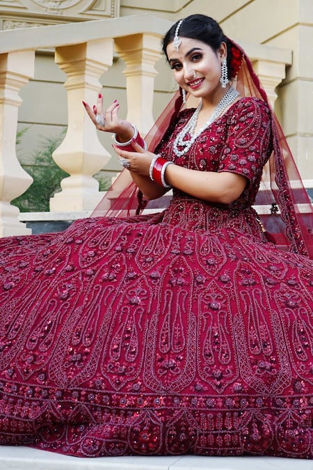 Shop_Mehar_Maroon Net Embroidery Floral Sweetheart Neck Bridal Lehenga Set  _at_Aza_Fashions