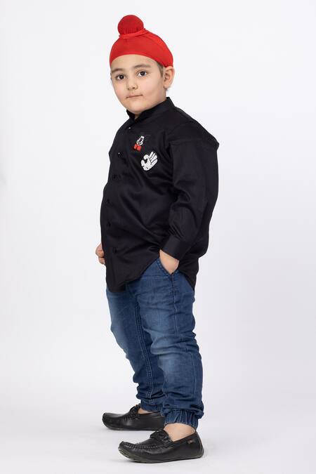 Shop_Darleen Kids Couture_Black Cotton Satin Embroidery Mickey Mouse Shirt _at_Aza_Fashions