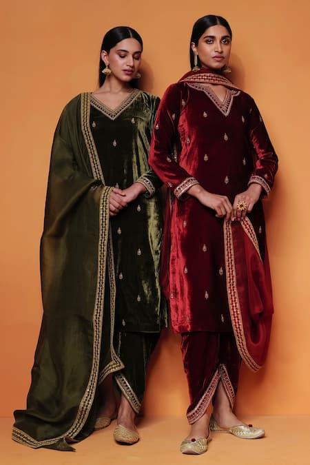 Shop_Taisha_Green Silk, Velvet Embroidery Pure Dhoti Pant _at_Aza_Fashions