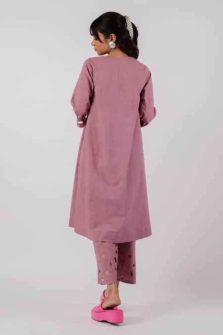 Shop_Tussah By Siddhi Shah_Purple Cotton Cut-work Circle V Cut Work Bell Sleeve Kurta With Pant  _at_Aza_Fashions