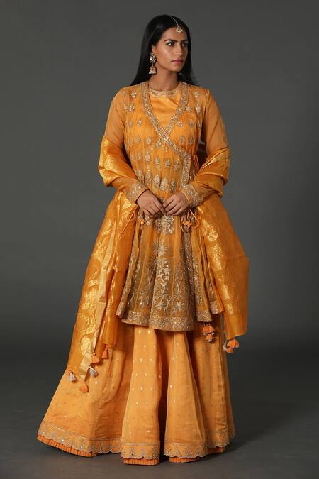 Shop Rar Studio Orange Chanderi, Silk, Cotton Embroidery, Hand Angrakha Kurta Lehenga Set at Aza Fashions Shop_Rar Studio_Orange Chanderi, Silk, Cotton Embroidery, Hand Angrakha Kurta Lehenga Set_at_Aza_Fashions