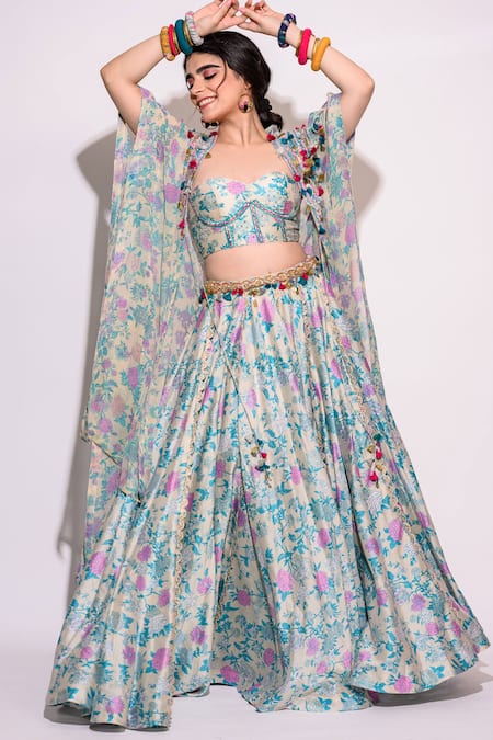 Shop Aangan By Parul Blue Silk, Chiffon Tassels, Sequins Open Neck, Embellished Kaftan Skirt Set at Aza Fashions Shop_Aangan By Parul_Blue Silk, Chiffon Tassels, Sequins Open Neck, Embellished Kaftan Skirt Set _at_Aza_Fashions