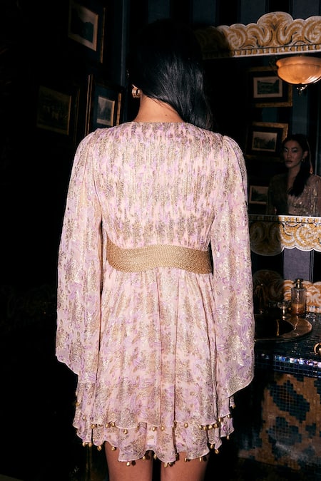 Shop Kangana Trehan Pink Georgette Beads V-neck Printed Dress With Rope Belt at Aza Fashions Shop_Kangana Trehan_Pink Georgette Beads V-neck Printed Dress With Rope Belt _at_Aza_Fashions