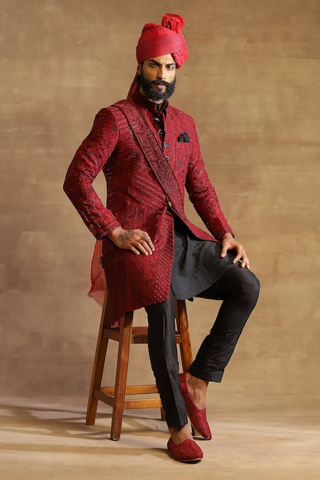 Raghavendra Rathore Jodhpur Raw Silk Floral Embroidered Achkan 