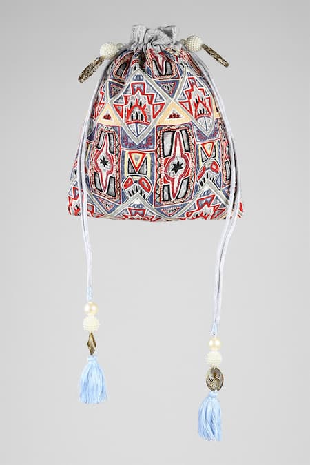 Shop ClutcH'D Grey Embroidery, Fringe Velvet Potli Bag at Aza Fashions Shop_ClutcH'D_Grey Embroidery, Fringe Velvet Potli Bag _at_Aza_Fashions