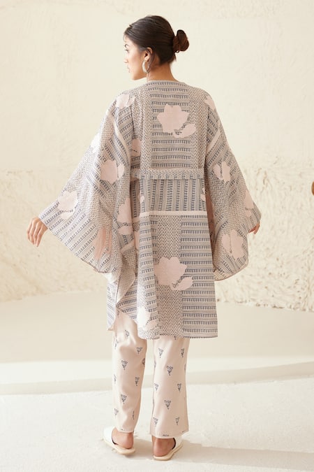 Cotton And Clay Printed Chanderi Kimono Trouser Set 