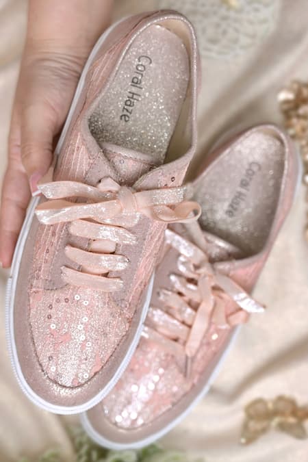 Shop Coral Haze Peach Valencia Lace Panel Wedding Sneakers at Aza Fashions Shop_Coral Haze_Peach Valencia Lace Panel Wedding Sneakers_at_Aza_Fashions