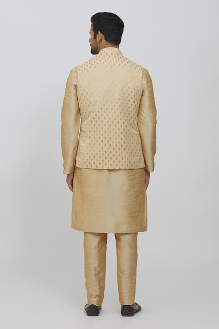 Shop_Priti Sahni_Beige Georgette, Silk Embroidery Bundi Jacket And Kurta Set _at_Aza_Fashions