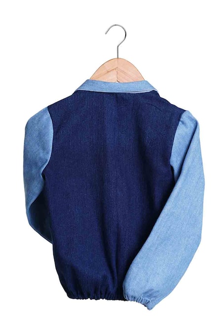 Shop_MI Dulce AN'YA_Blue Cotton, Denim Embroidery Patch Work Bomber Jacket _at_Aza_Fashions
