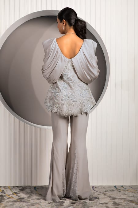 Shop_Jade By Ashima_Gray Crepe Embroidery V-neck Floral Jacket And Bell Bottom Set _at_Aza_Fashions