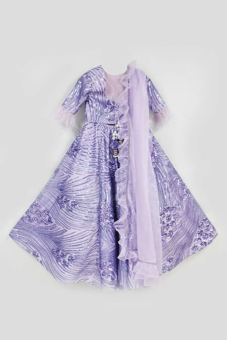Shop Fayon Kids Purple Fur, Organza Sequins Embellished Lehenga Set at Aza Fashions Shop_Fayon Kids_Purple Fur, Organza Sequins Embellished Lehenga Set _at_Aza_Fashions
