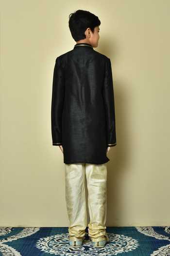 Shop Petite Pomme Black Silk Embroidery Placket And Collar Kurta at Aza Fashions Shop_Petite Pomme_Black Silk Embroidery Placket And Collar Kurta _at_Aza_Fashions