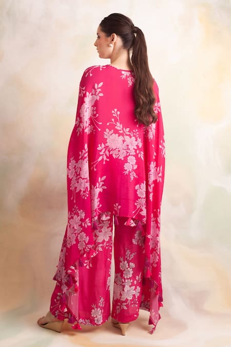 Shop Palak & Mehak Pink Crepe Gota, Bandhani Round Floral Print Cape Top And Pant Set at Aza Fashions Shop_Palak & Mehak_Pink Crepe Gota, Bandhani Round Floral Print Cape Top And Pant Set _at_Aza_Fashions