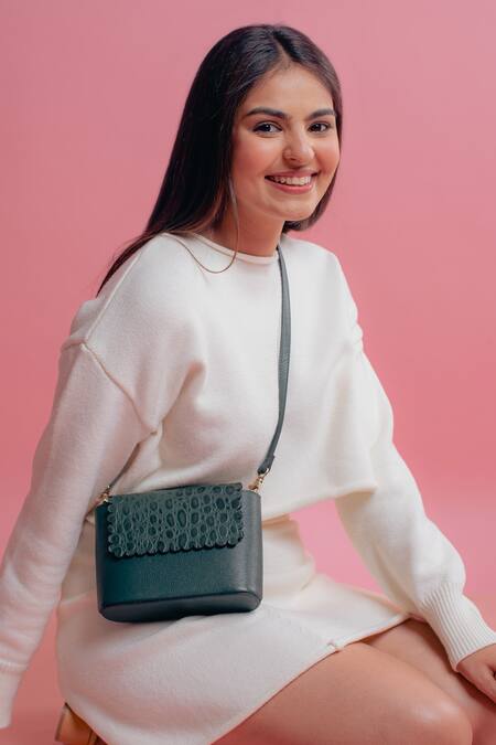 Shop And Also Green Croc Pattern Texture Curvy Mini Bag at Aza Fashions Shop_And Also_Green Croc Pattern Texture Curvy Mini Bag_at_Aza_Fashions