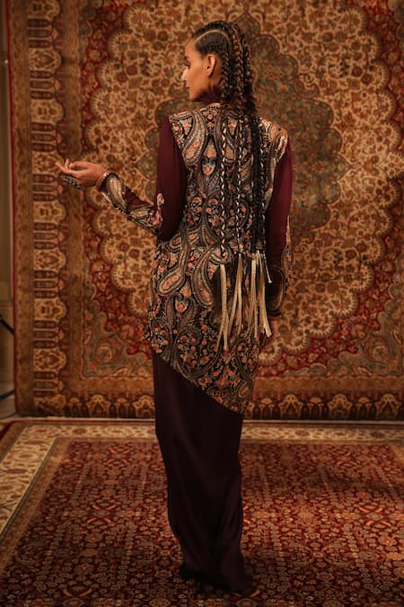 Shop_Aditi Gupta_Wine Satin Woven And Embroidered Jamawar Pattern Jacket Open Draped Skirt Set _at_Aza_Fashions