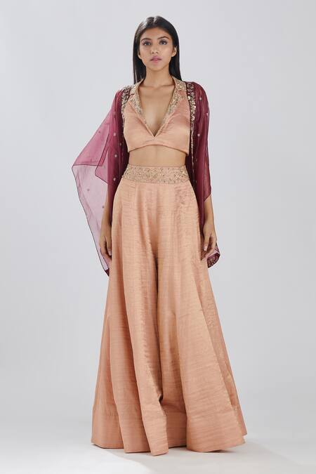 Shop Megha Bansal Gold Zari And Organza Thread & Banarasi Shanaz Cape & Sharara Set at Aza Fashions Shop_Megha Bansal_Gold Zari And Organza Thread & Banarasi Shanaz Cape & Sharara Set_at_Aza_Fashions