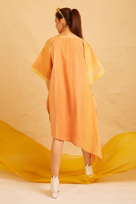 Shop Banana Labs Orange Cotton V-neck Bliss Hand Block Print Kaftan Dress at Aza Fashions Shop_Banana Labs_Orange Cotton V-neck Bliss Hand Block Print Kaftan Dress_at_Aza_Fashions