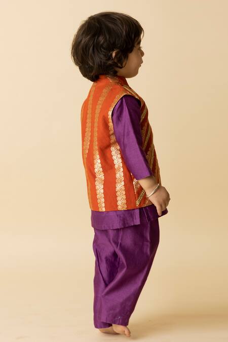 Shop Mini Trails Purple Chanderi, Cotton Zari, Lace Embroidered Kurta Set With Nehru Jacket at Aza Fashions Shop_Mini Trails_Purple Chanderi, Cotton Zari, Lace Embroidered Kurta Set With Nehru Jacket_at_Aza_Fashions